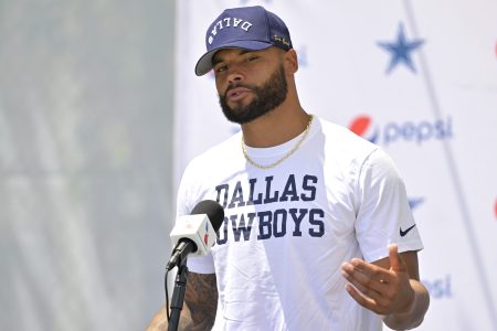 Dak Prescott of the Cowboys speaks at a news conference.