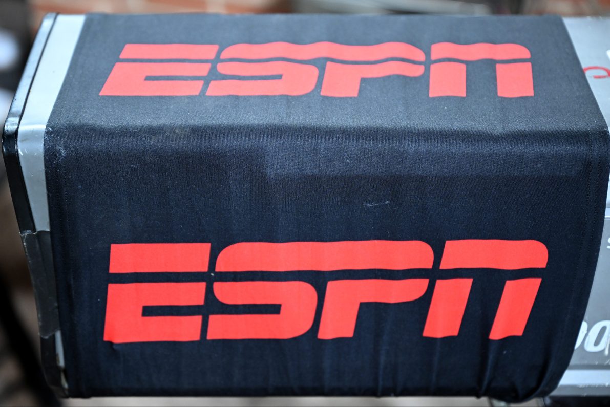 A view of the ESPN logo on a camera at a game.