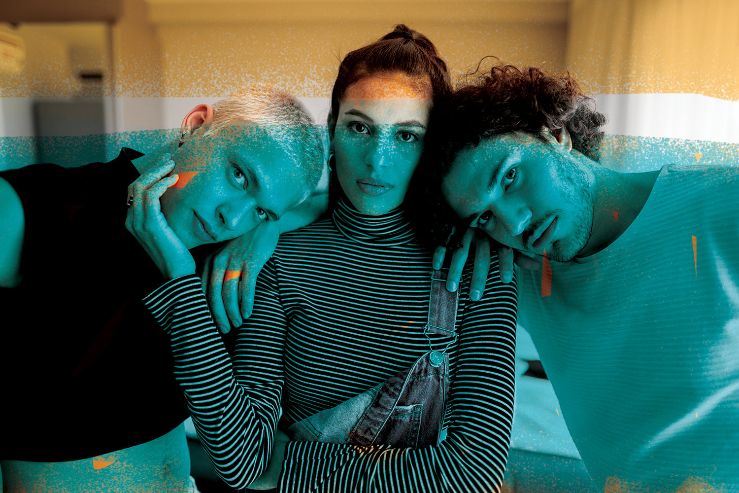 Affectionate polyamorous thrupple on tinted background