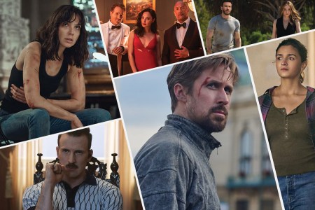 Collage of actors in Netflix action movies, including Ryan Reynolds, Chris Evans and Gal Galdot.