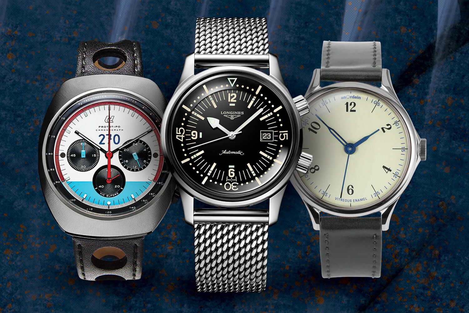 Black, white, red and blue watch; black and silver watch; silver, blue and cream-colored watch