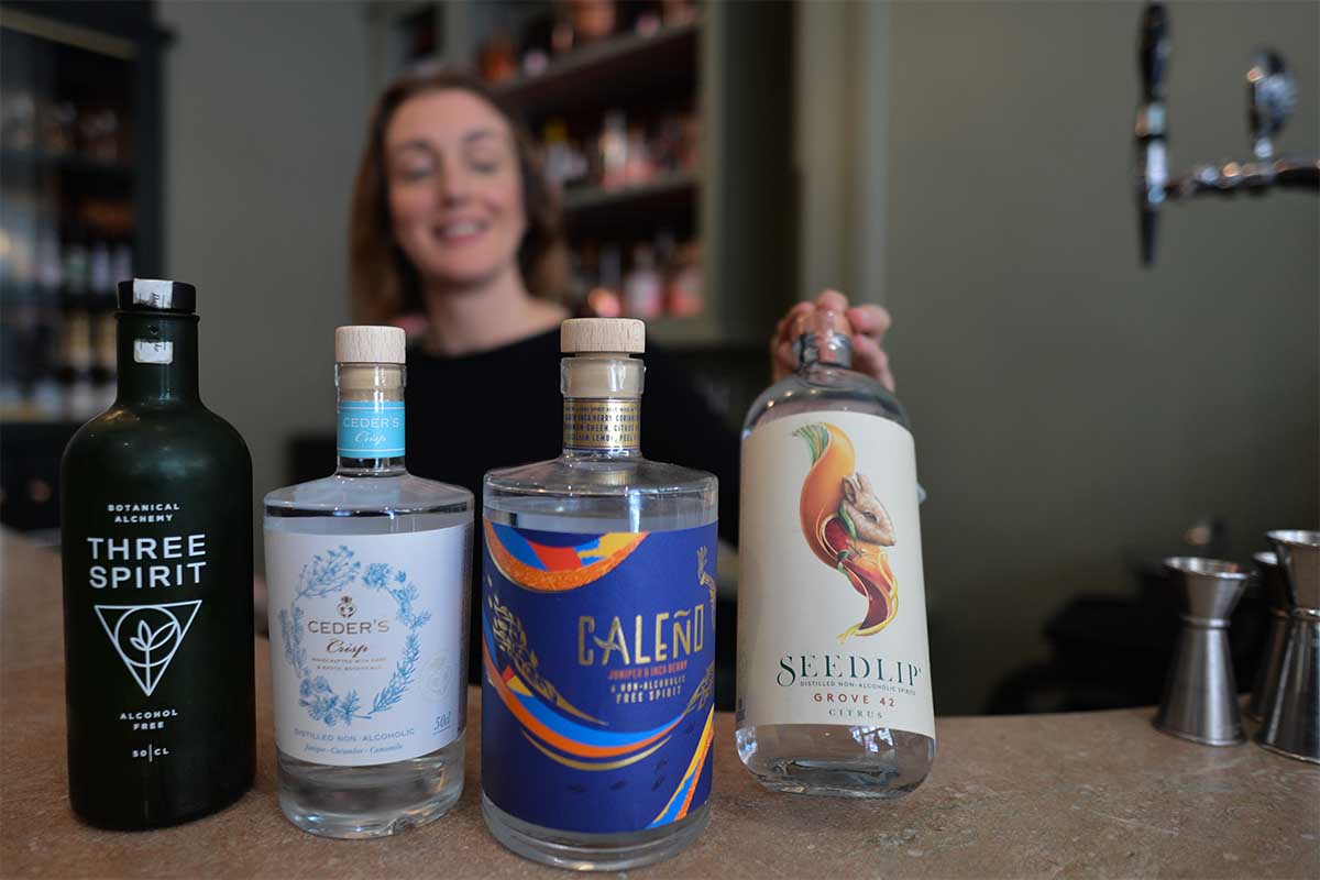 A selection of a non alcolic spirits, seen inside The Virgin Mary bar, the first alcohol-free bar to open in Dublin, that will provide with a selection of different cocktails, wines, beers and spirits, all with zero alcohol content.