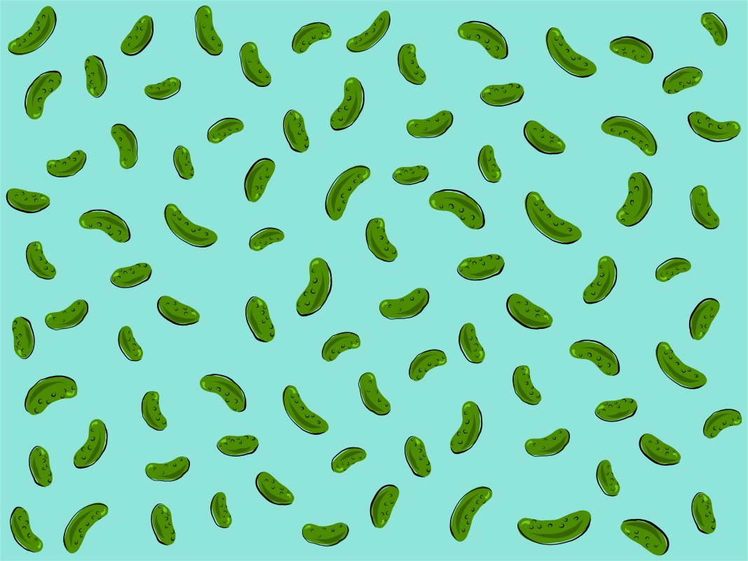 An illustration of many pickles against a blue background.