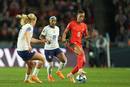 Silva Jessica of Portugal controls the ball against Team USA.