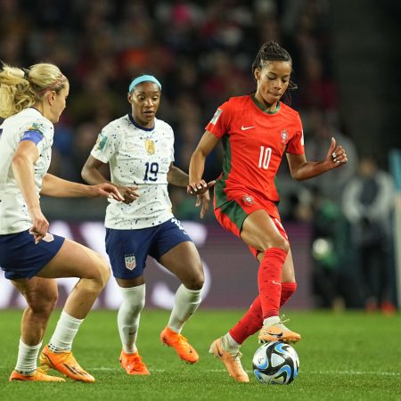 Silva Jessica of Portugal controls the ball against Team USA.