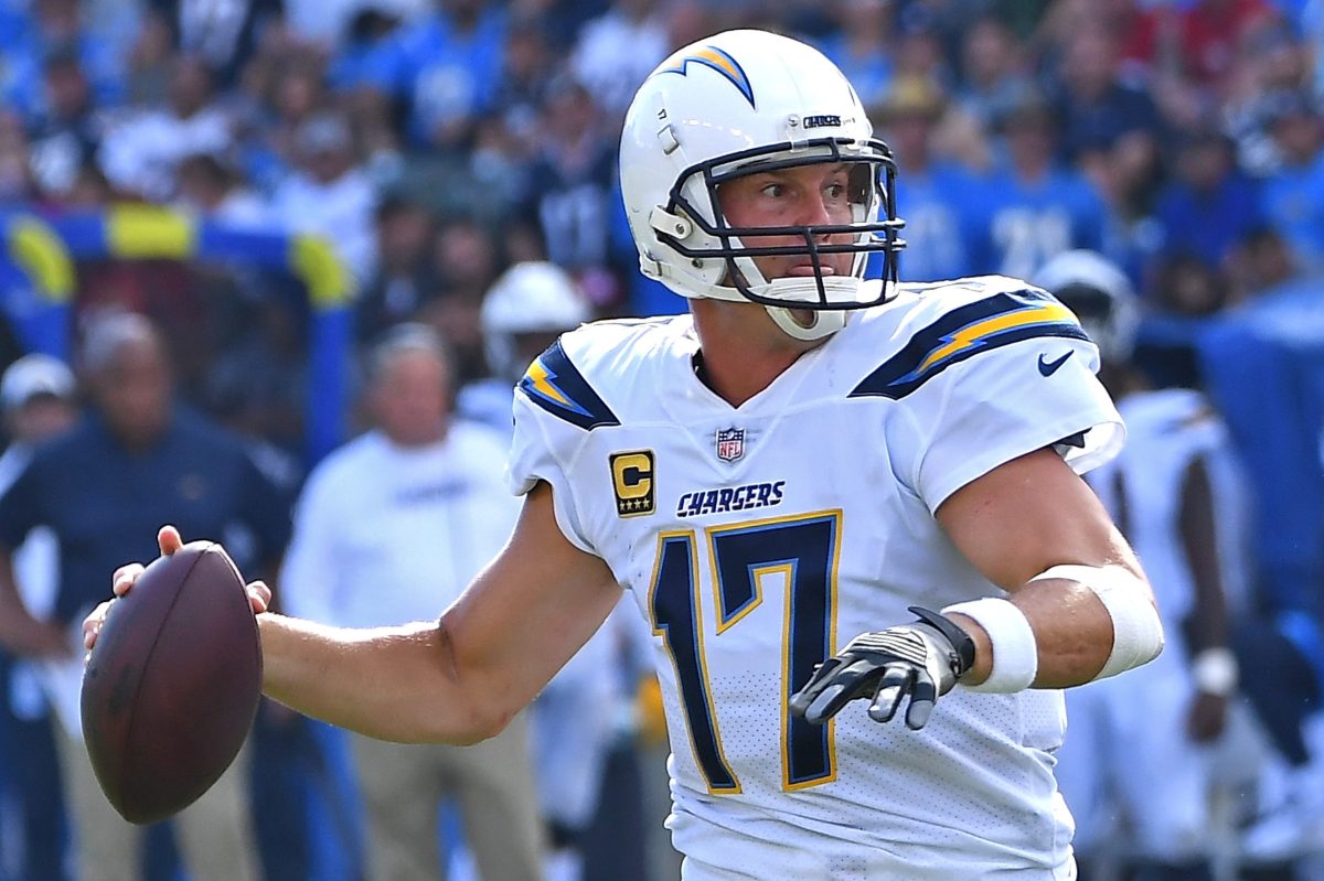 Philip Rivers gets set to pass for the Chargers.
