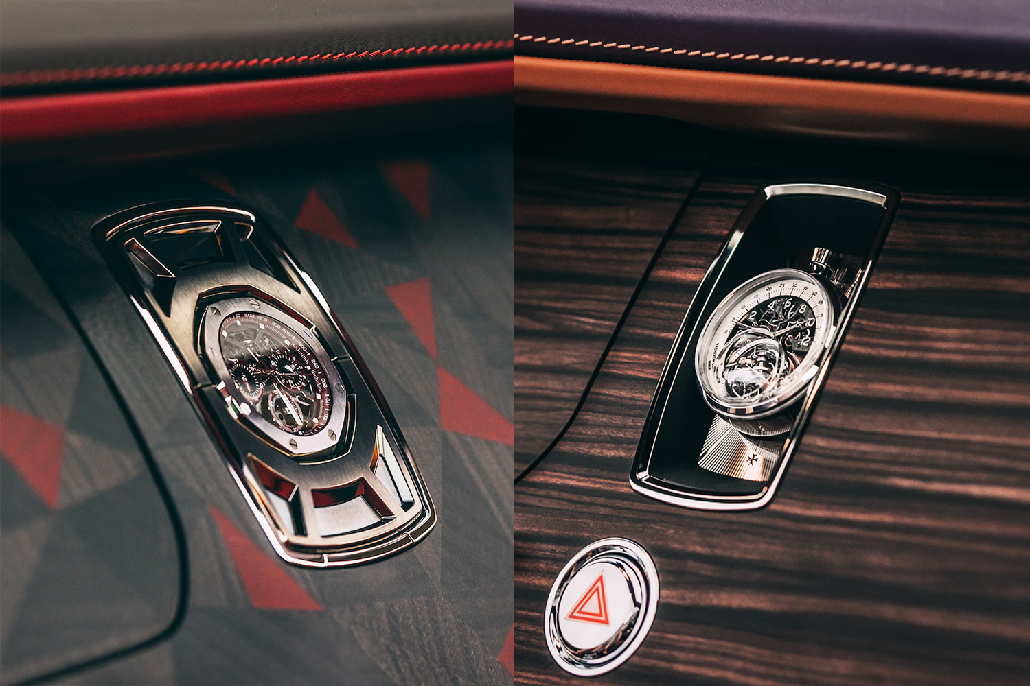The Audemars Piguet watch in the Rolls-Royce La Rose Noire (left) and Vacheron Constantin in the Amethyst Droptail (right)