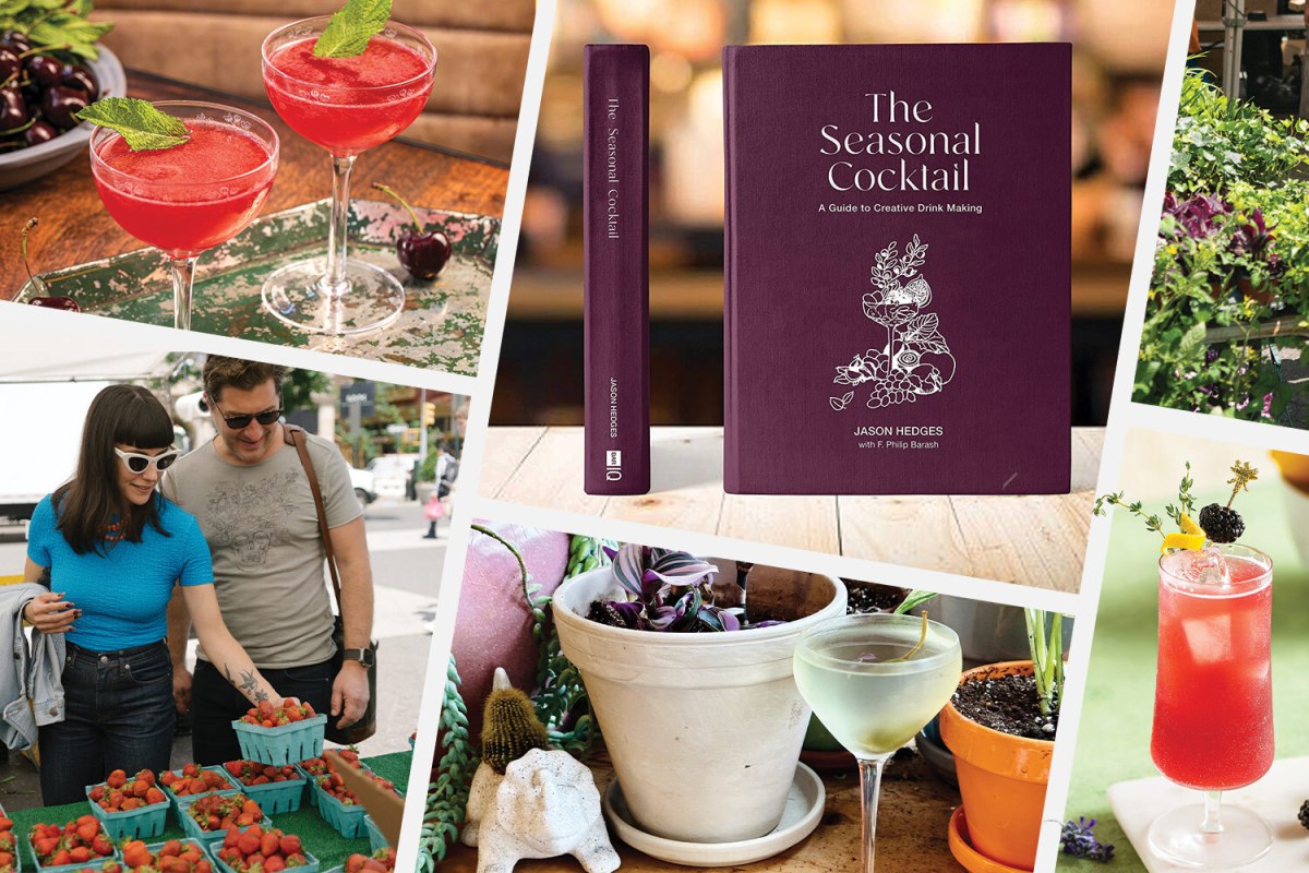 the seasonal cocktail book in a collage with cocktails and people shopping at the farmers market