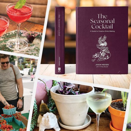 the seasonal cocktail book in a collage with cocktails and people shopping at the farmers market