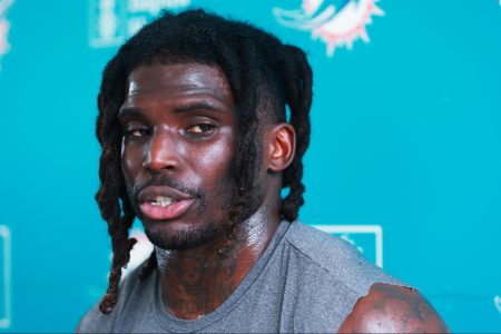 Tyreek Hill of the Miami Dolphins speaks to the media.