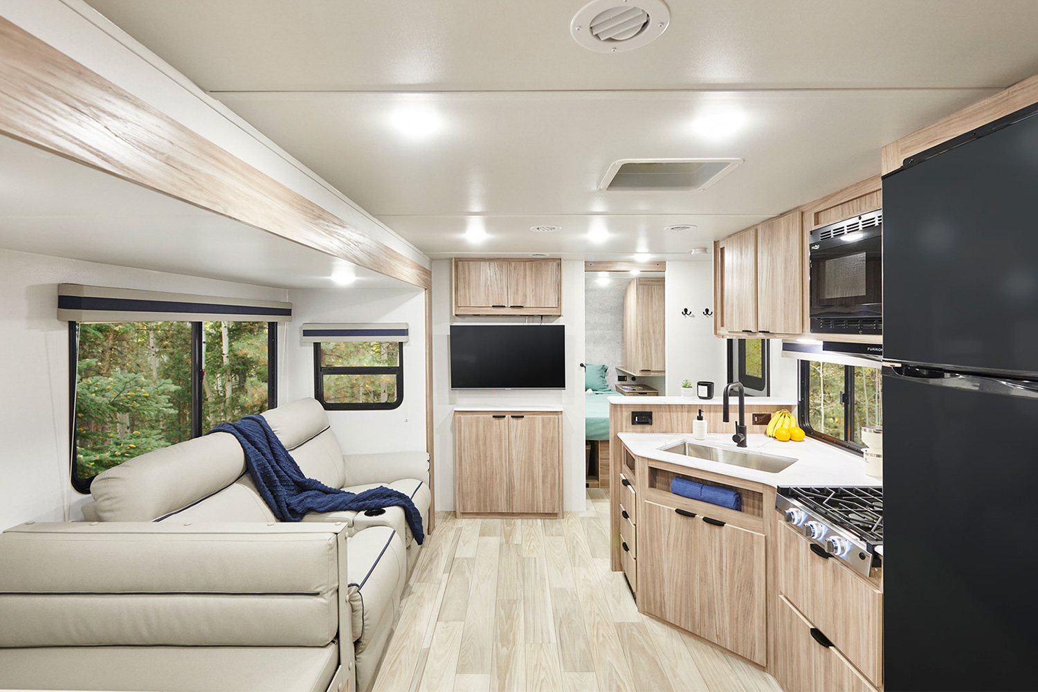 The interior of a Winnebago Access, the brand's new conventional class travel trailer