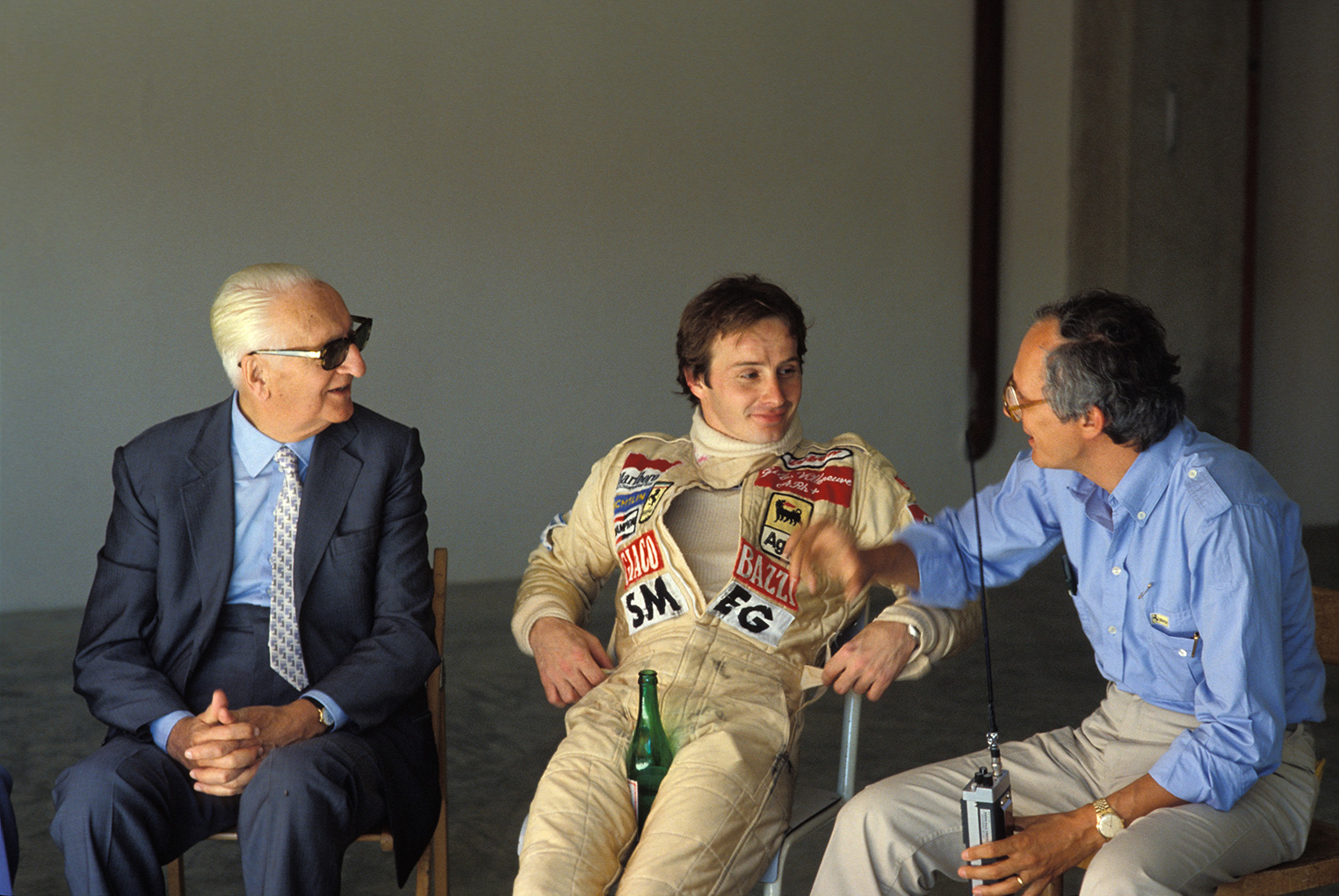 "I love this shot of a relaxed Gilles Villeneuve [center] with Enzo Ferrari [left] and Roberto Nosetto at an Imola test in 1980."