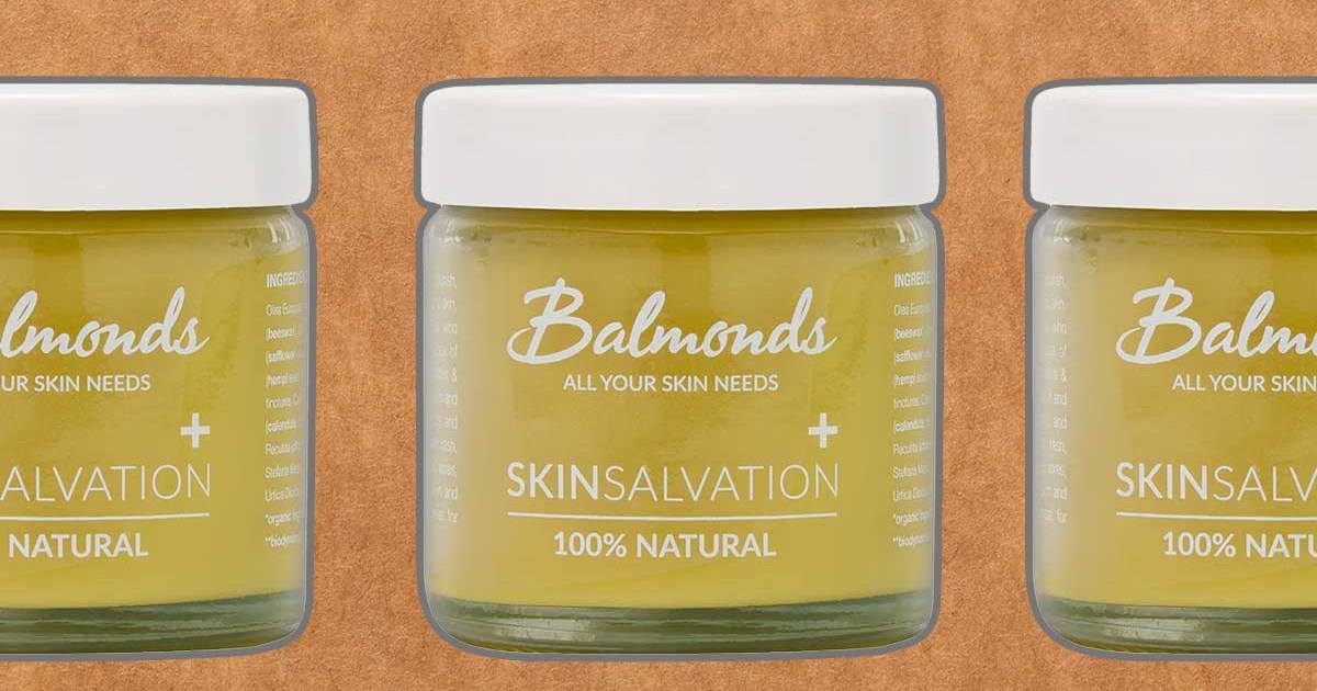 Balmonds Skin Salvation 100% natural moisturizing balm on a green background