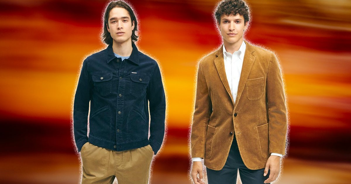 two brooks brothers models on a red background