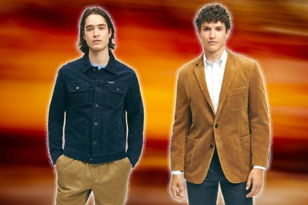 two brooks brothers models on a red background