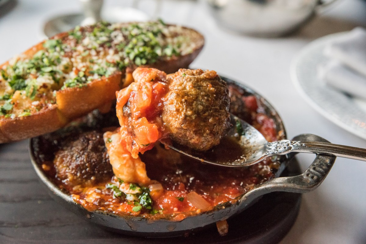 Meatballs in sauce in a skillet