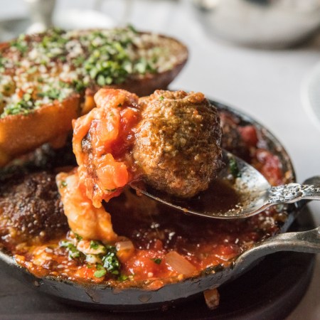 Meatballs in sauce in a skillet