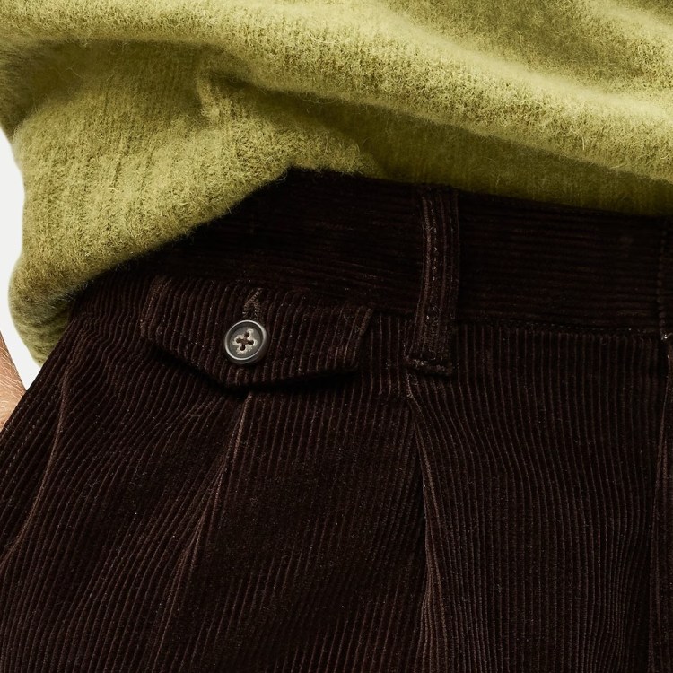 Close-up of a person's arm in a fuzzy green sweater, hand in the pocket of pleated brown corduroy pants.