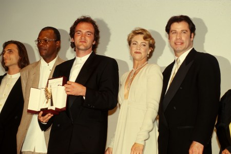 Samuel L. Jackson, awarded director Quentin Tarantino, Kathleen Turner and John Travolta attend the 47th Cannes Film Festival on May 1994 in Cannes, France. (Photo by FocKan/WireImage)