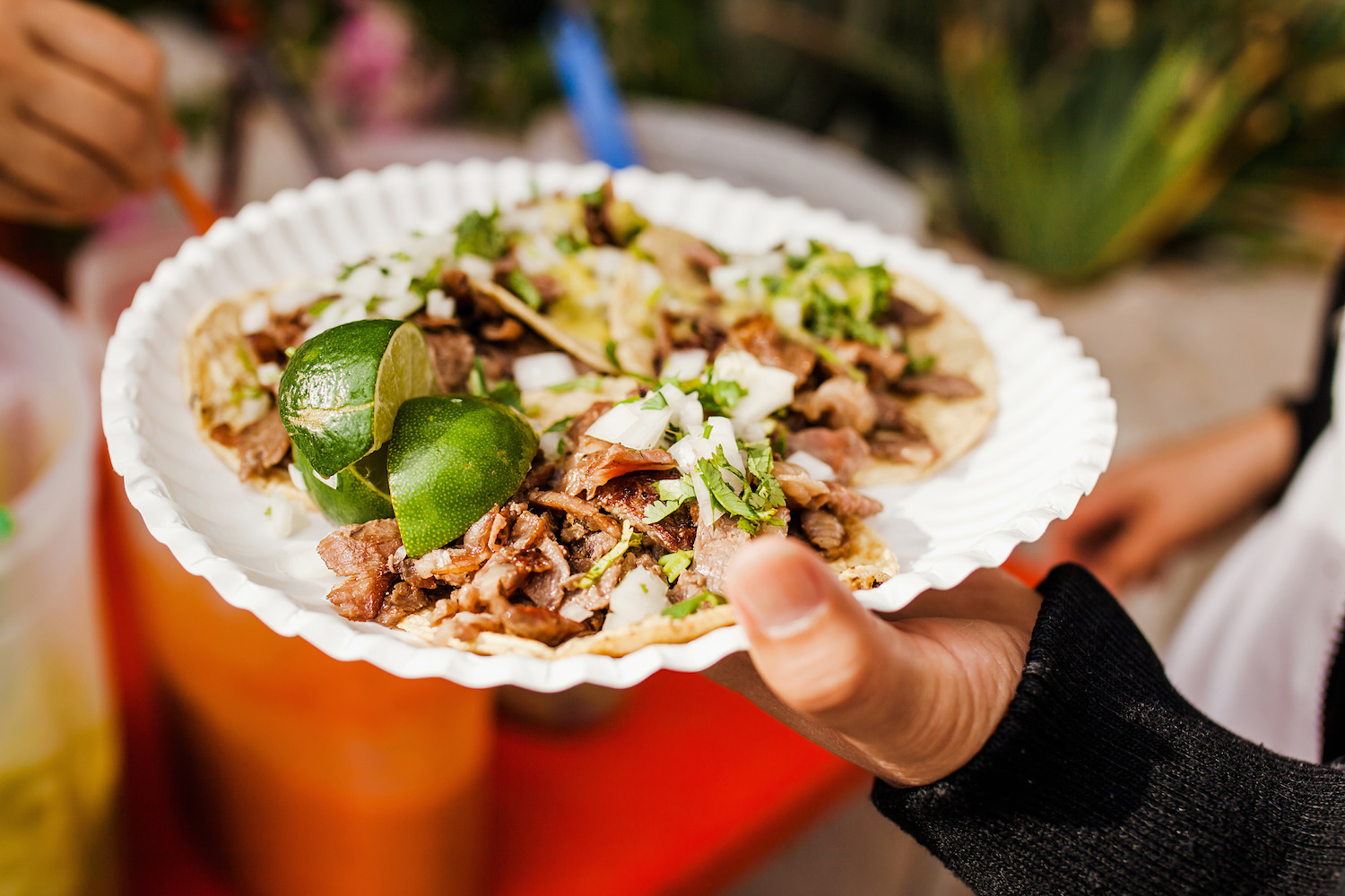 Tacos al pastor on a white paper plate in Mexico City