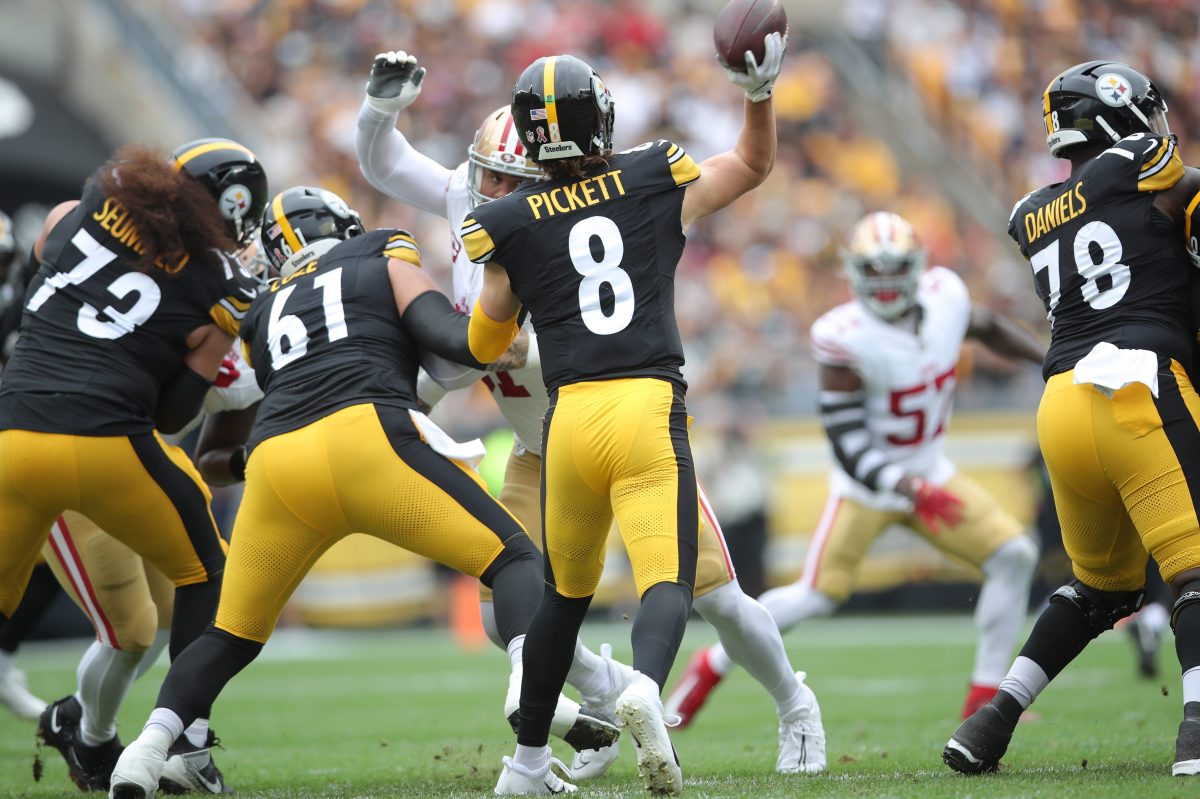 Kenny Pickett of the Pittsburgh Steelers throws against the San Francisco 49ers