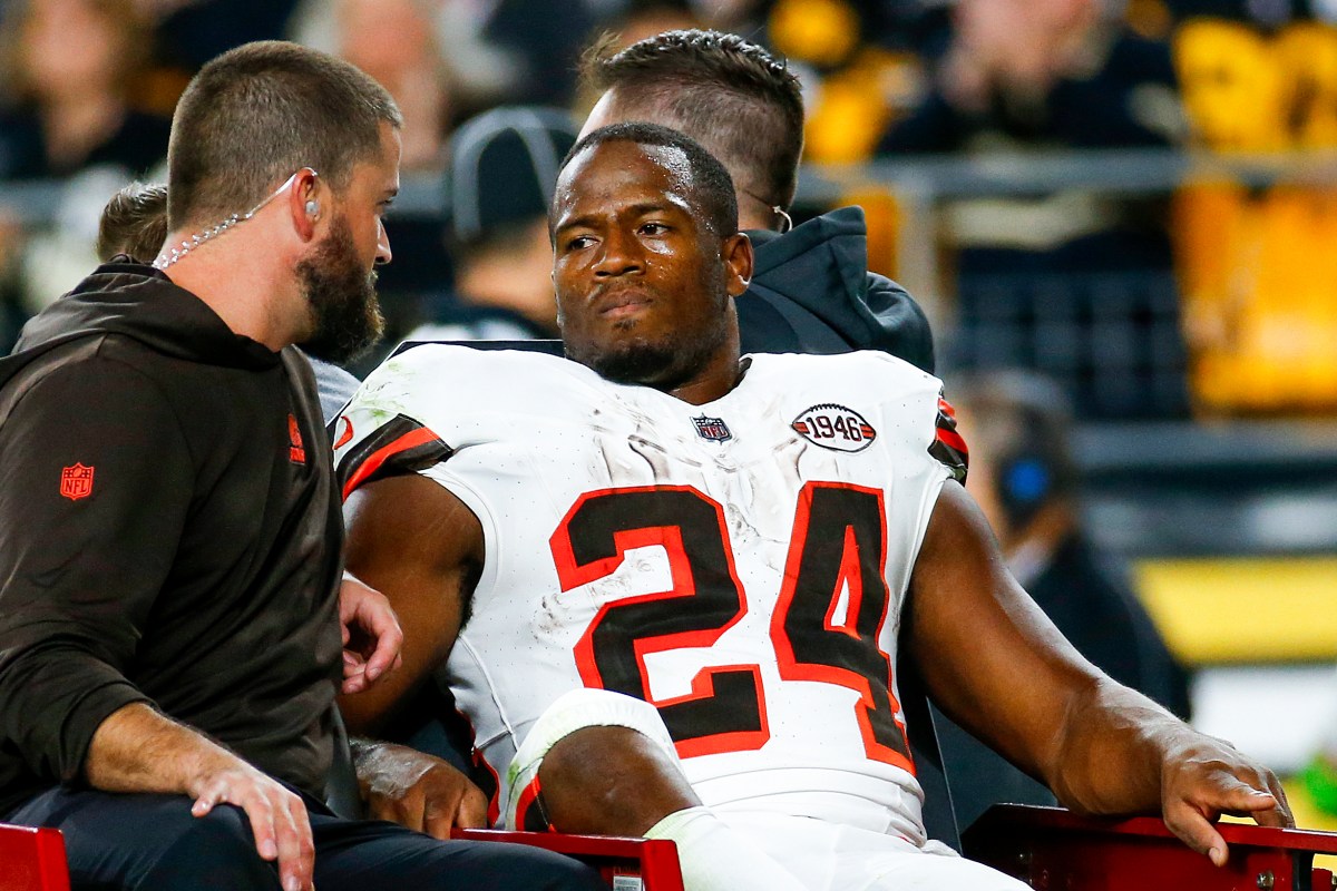 Nick Chubb #24 of the Cleveland Browns is carted off the field after sustaining a knee injury during the second quarter against the Pittsburgh Steelers at Acrisure Stadium on September 18, 2023 in Pittsburgh, Pennsylvania. (Photo by Justin K. Aller/Getty Images)