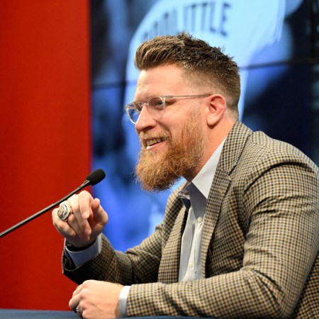 Sean Doolittle #63 of the Washington Nationals talks at a press conference about his retirement at Nationals Park on September 22, 2023 in Washington, DC.
