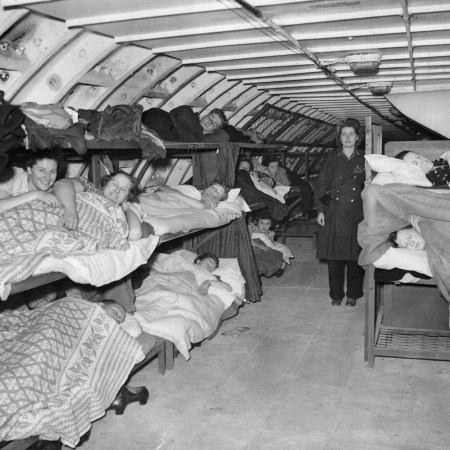 Shelterers bunked down for the night in one of the tunnels of a deep shelter under London