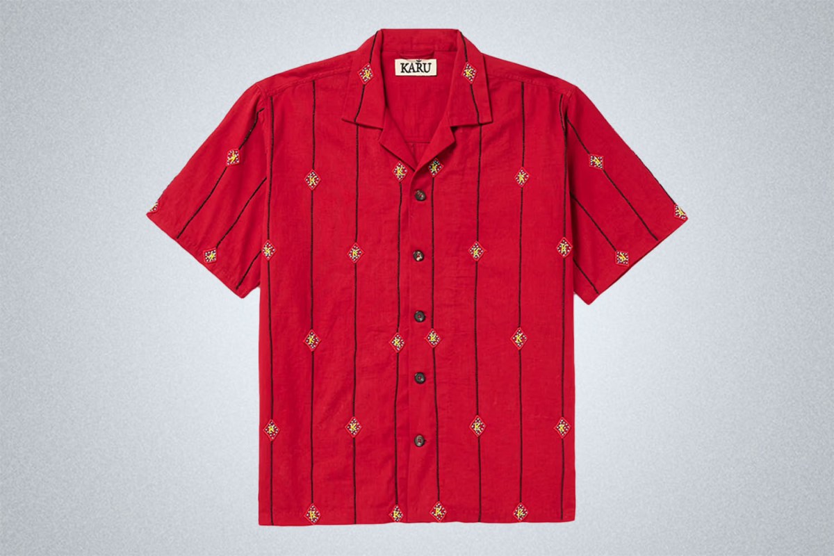 Karu Research Camp-Collar Embellished Striped Cotton Shirt