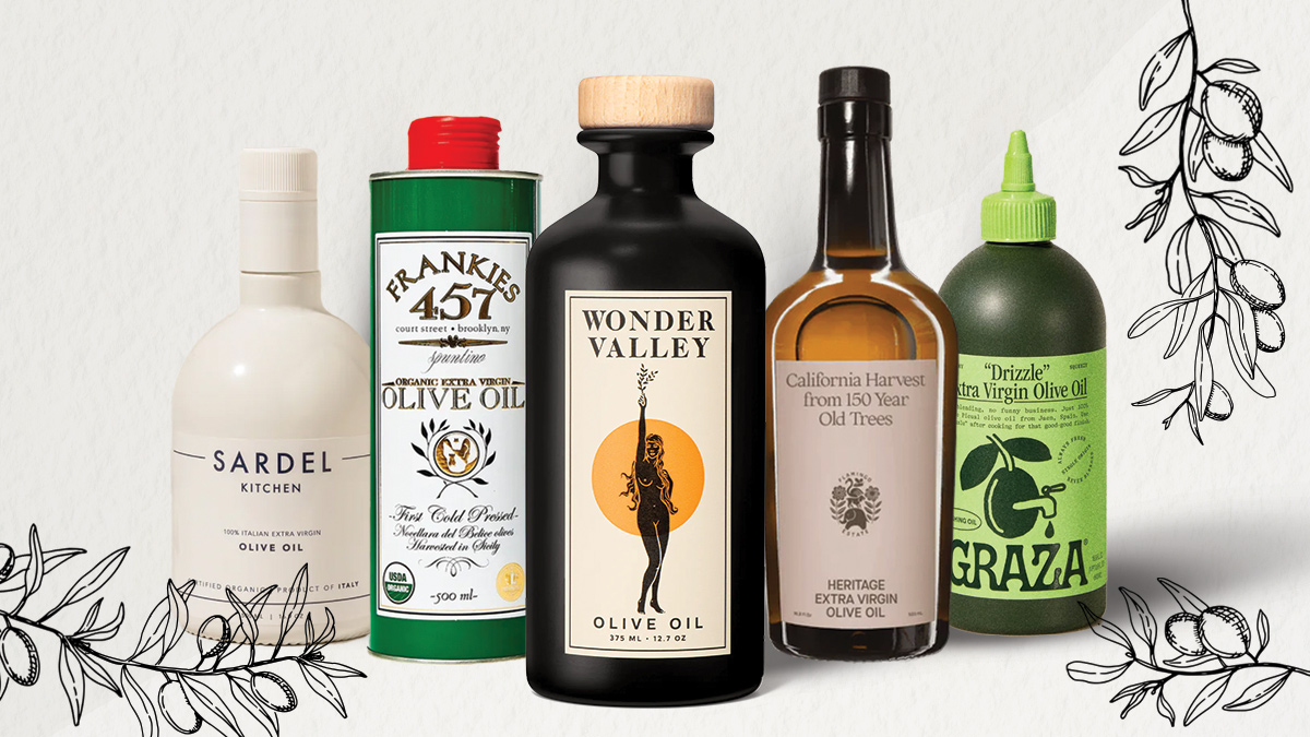 a lineup of olive oils on a grey background with olive branch illustrations
