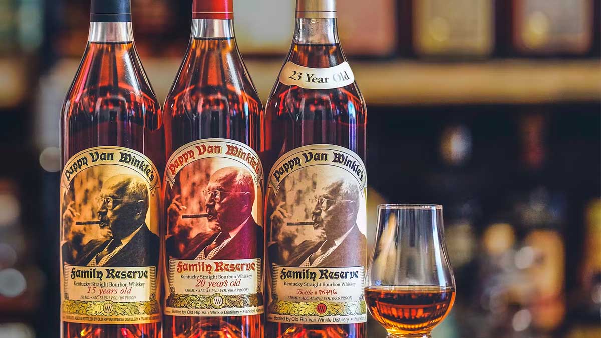 Three bottles of Pappy Van Winkle and a Glencairn glass. Huckberry is giving away three Pappy bottles.