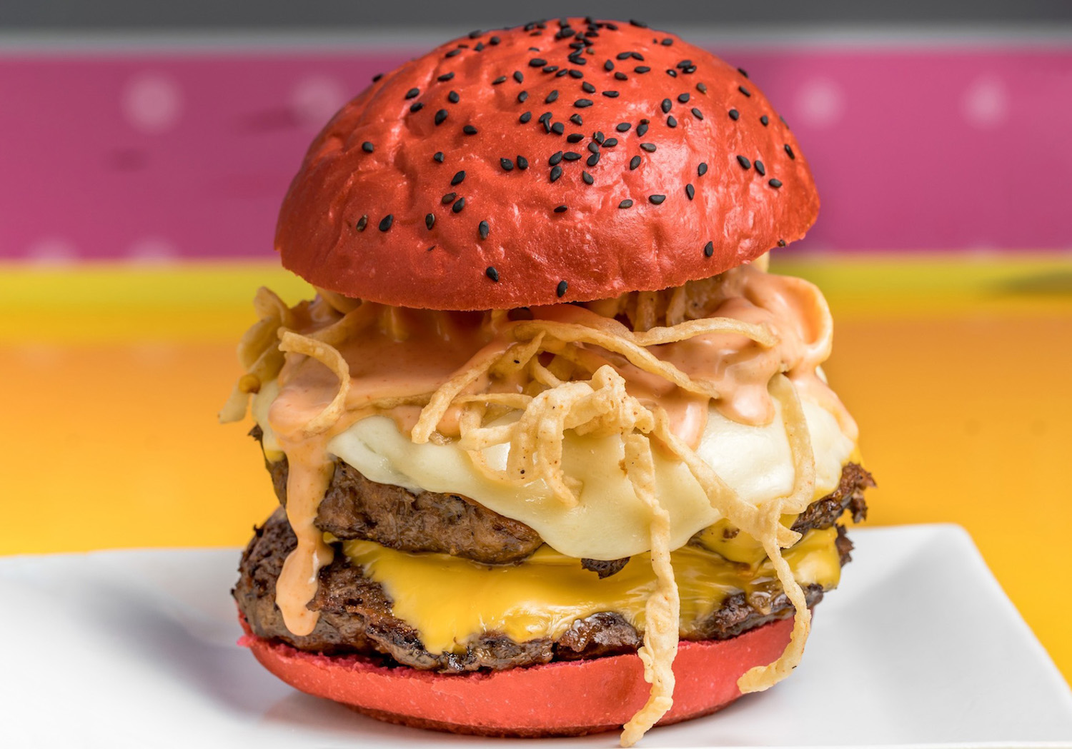 Cheeseburger with a pink bun