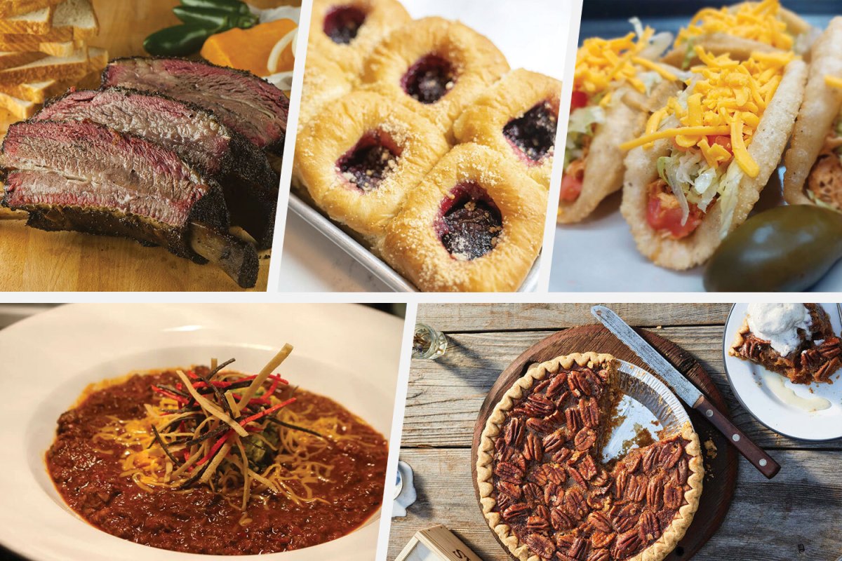 Collage of the iconic foods and drinks of Texas, including brisket, puffy tacos, chili, pecan pie and kolaches