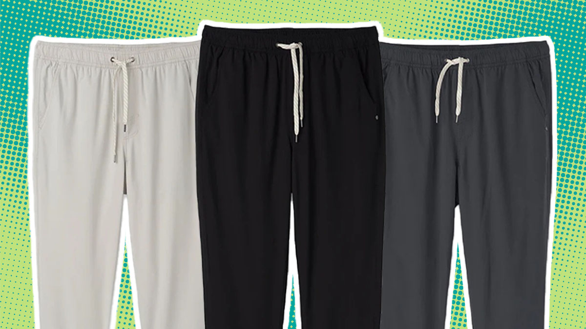 a collage of vuori pants on green background