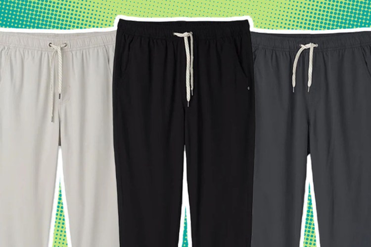 a collage of vuori pants on green background