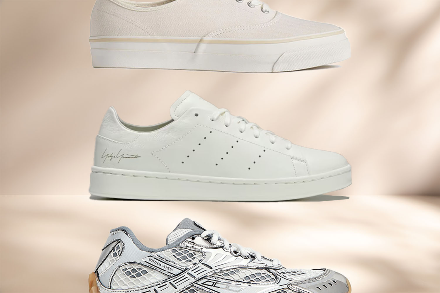 a collage of the best white sneakers for men on a tan background
