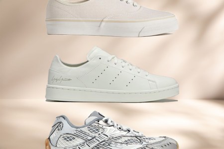 a collage of the best white sneakers for men on a tan background