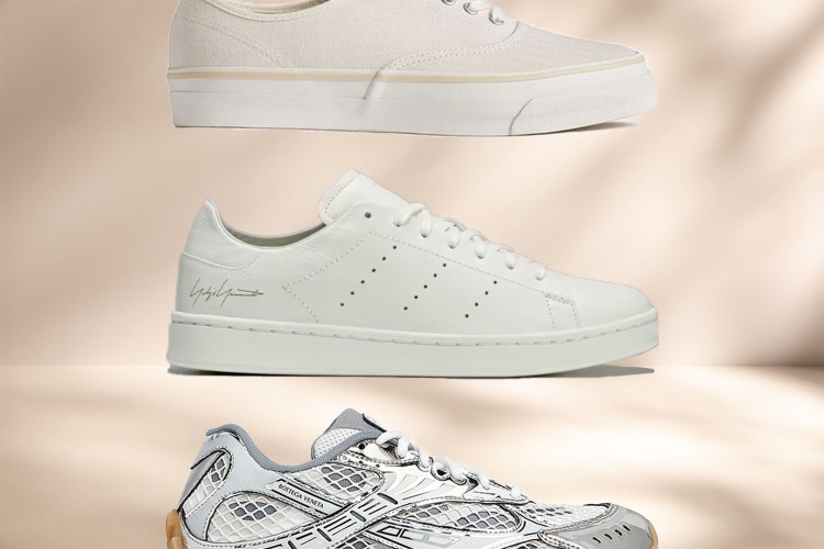 a collage of the best white sneakers for men on a tan background