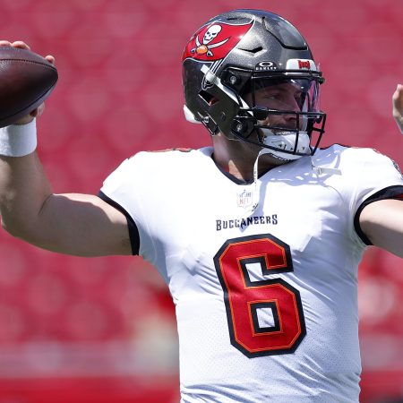 Baker Mayfield of the Buccaneers warms up prior to a game.
