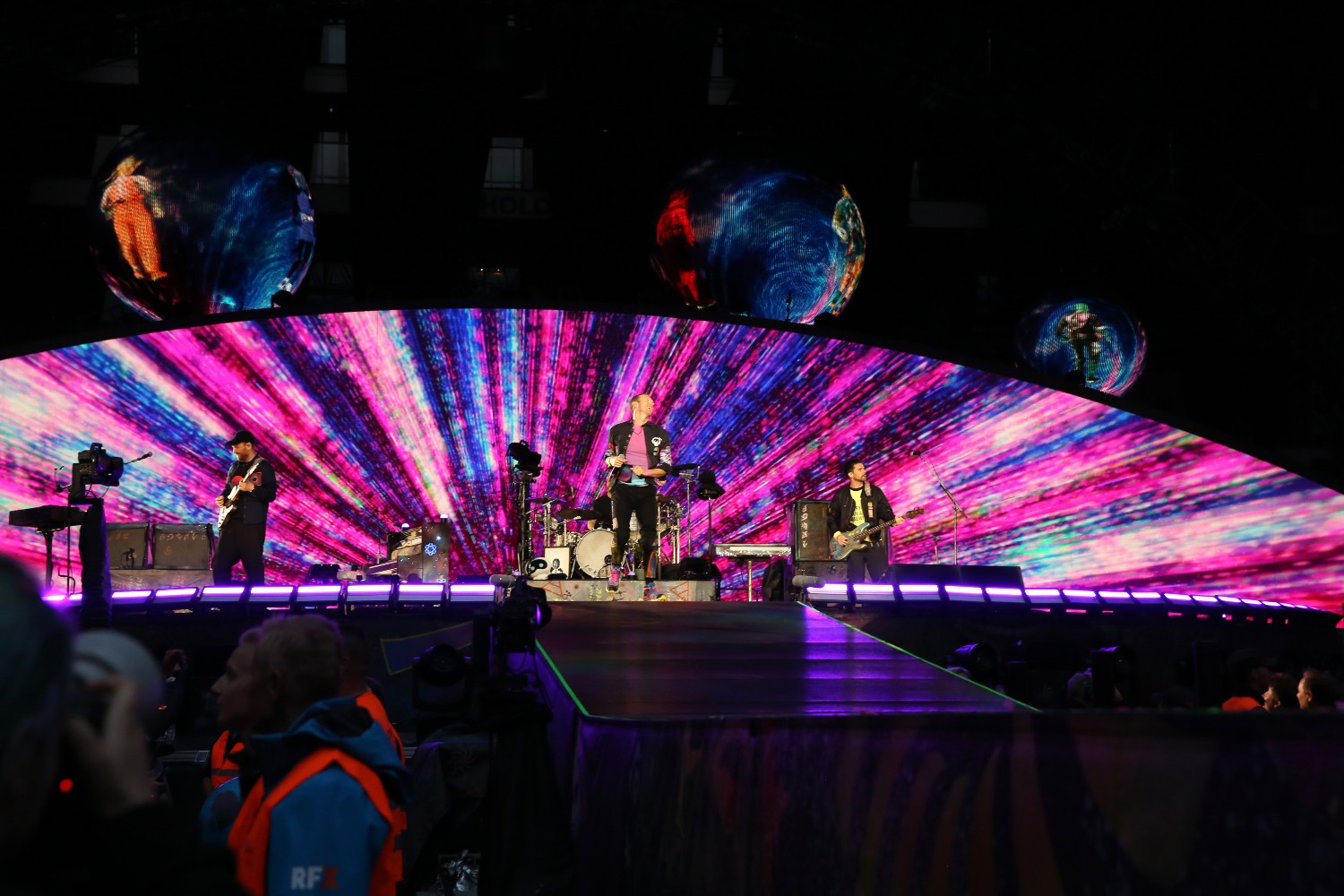 Coldplay live on stage at Parken Stadium on July 5, 2023 in Copenhagen.