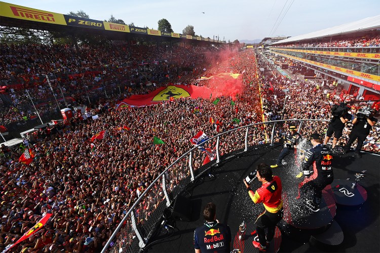 Max Verstappen, Sergio Perez and Carlos Sainz celebrate on the podium after the Italian Grand Prix at Monza.