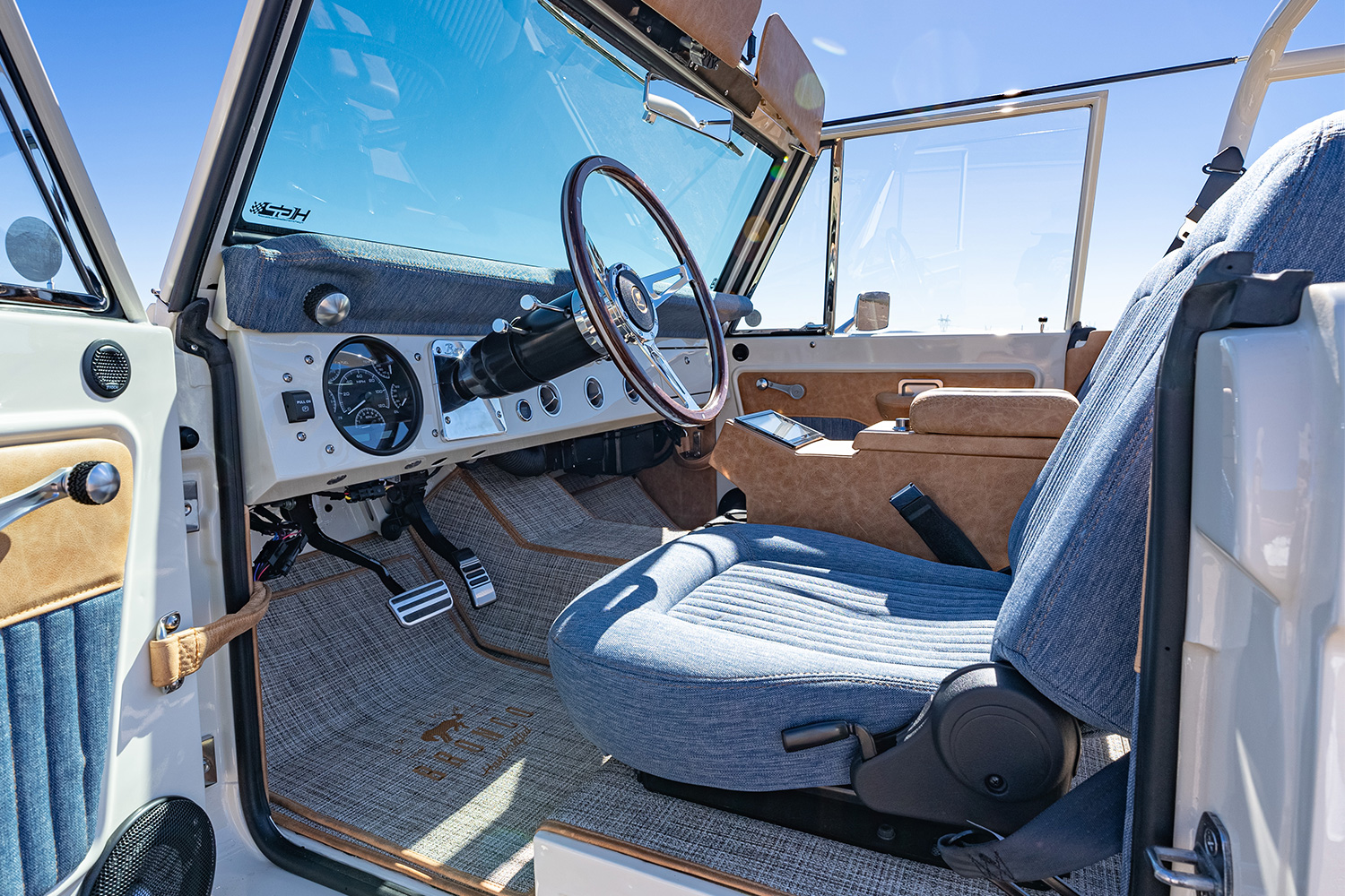 The cabin of the Gateway Bronco Luxe GT Big Sur Love Edition with all-weather denim upholstery