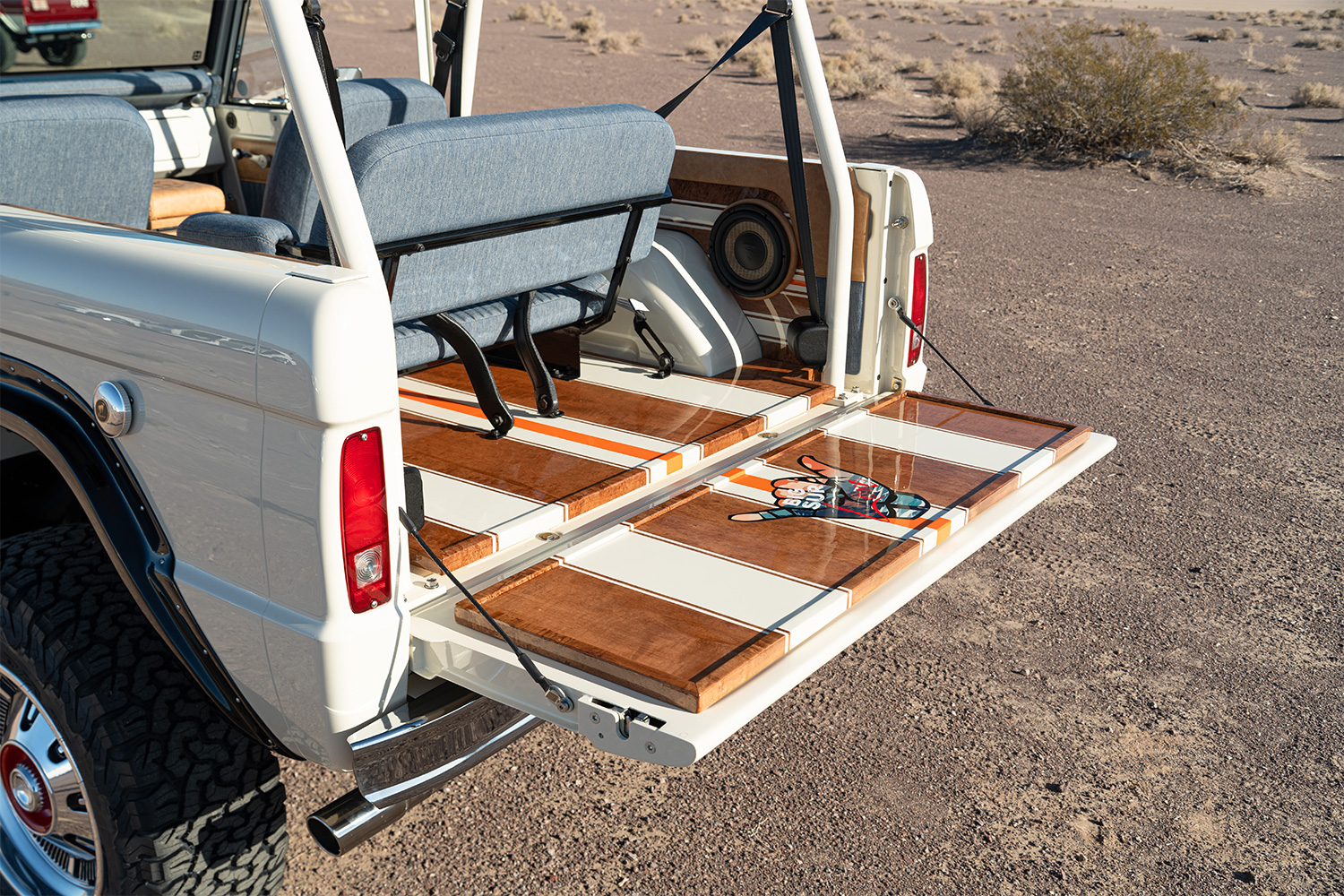 Birdseye maple wood on the tailgate of Gateway Bronco's Big Sur Love Luxe GT