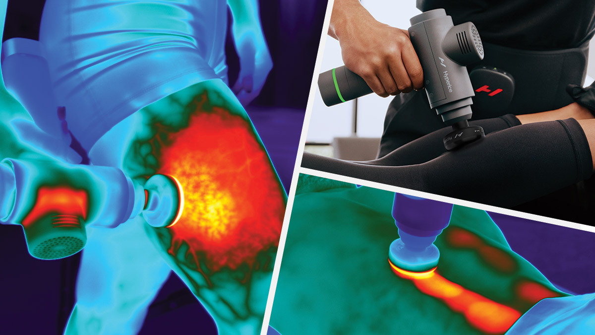 Hyperice's new massage gun heated attachment going to work on sore muscles.