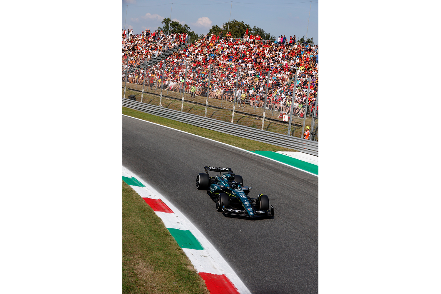 Lance Stroll of Aston Martin driving the Monza Circuit in the 2023 Italian Grand Prix