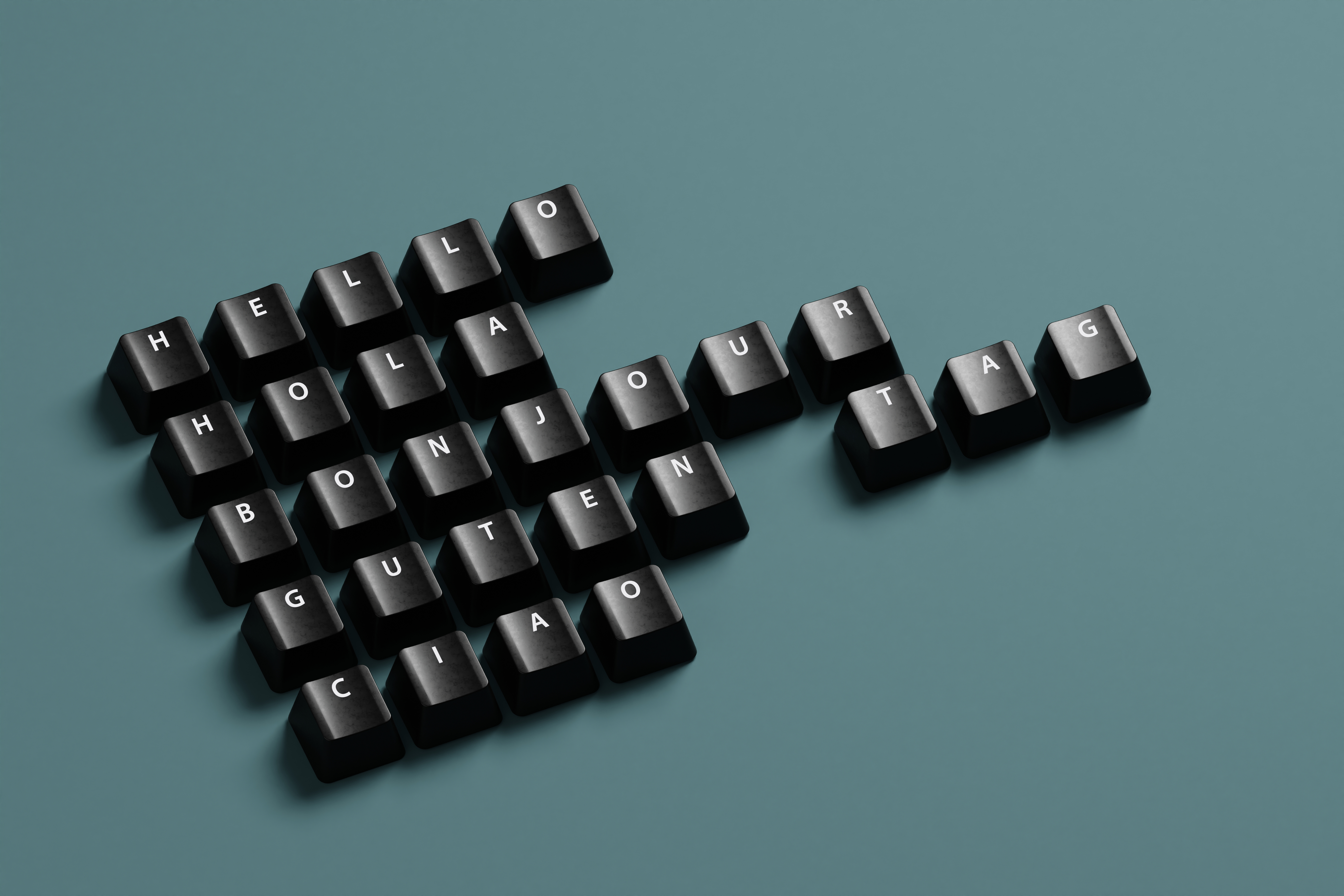 A digital image of computer keyboard with words spelled out in different languages.