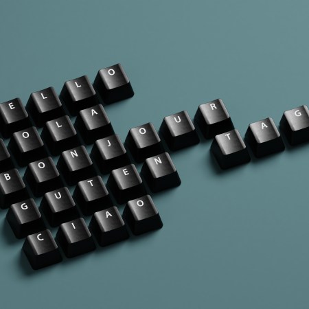 A digital image of computer keyboard with words spelled out in different languages.