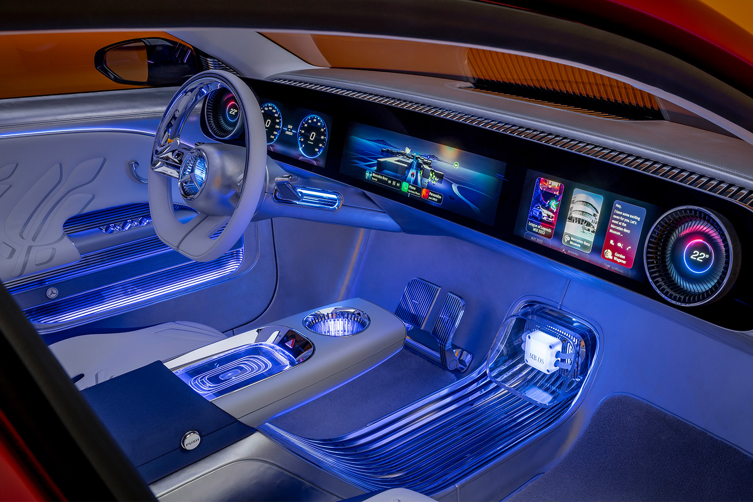 The futuristic interior of the ercedes-Benz Concept CLA Class sedan