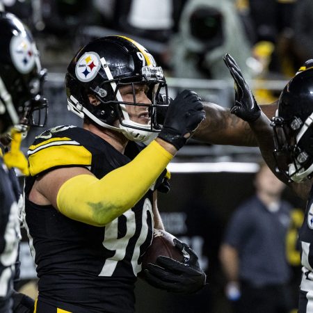 T.J. Watt of the Steelers celebrates after scoring a touchdown.