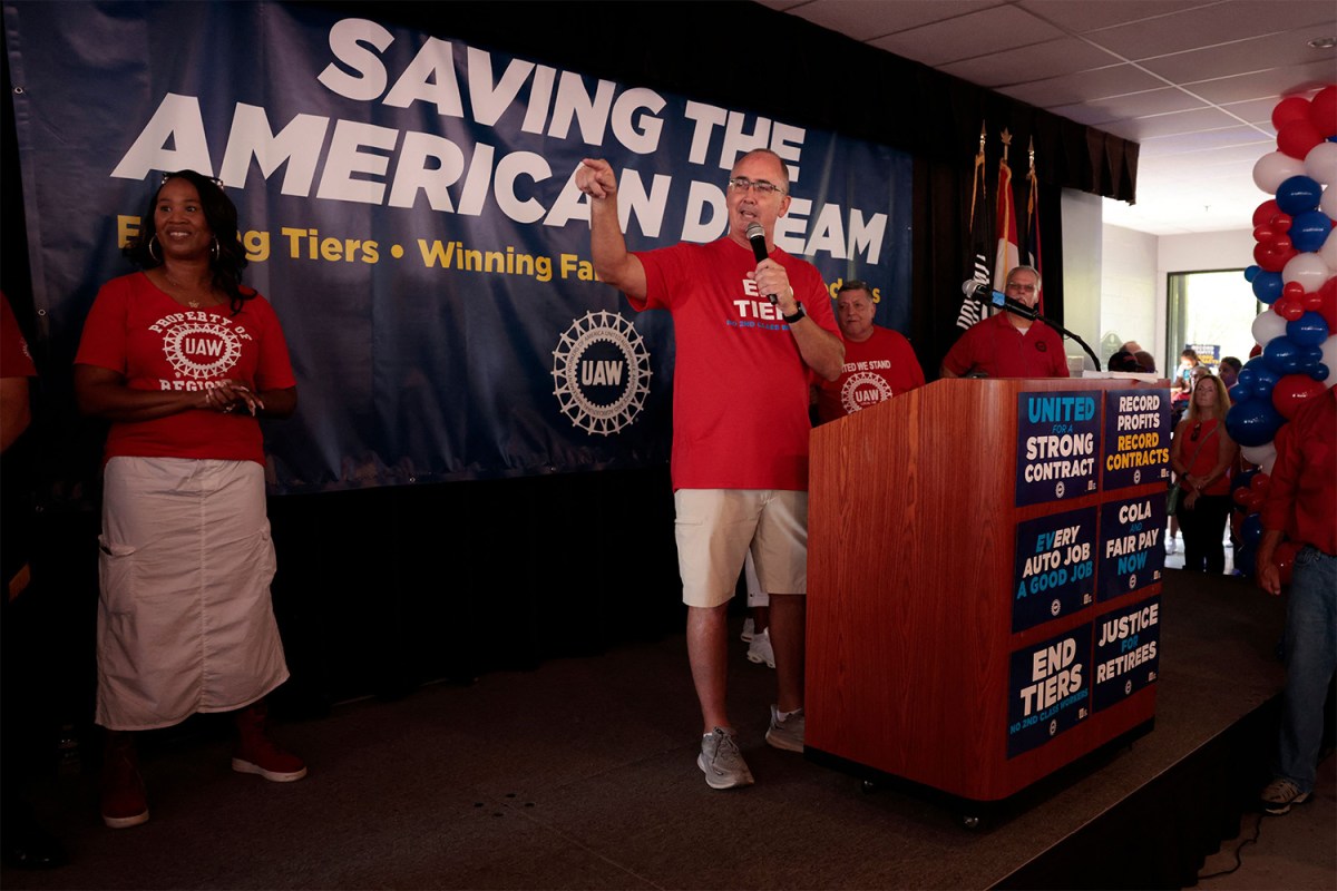 UAW President Shawn Fain speaks at a rally in Warren, Michigan on August 20, 2023 ahead of a potential strike against the Big Three automakers
